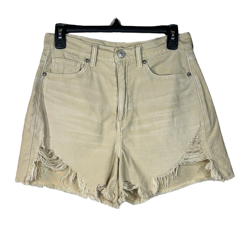 American Eagle SZ 6 Highest Rise Mom Jean Shorts Distressed Frayed Zip-Fly Beige